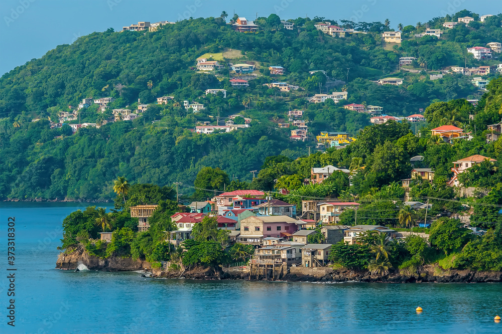 A view towards waterfront properties in St Georges, Grenada - obrazy, fototapety, plakaty 