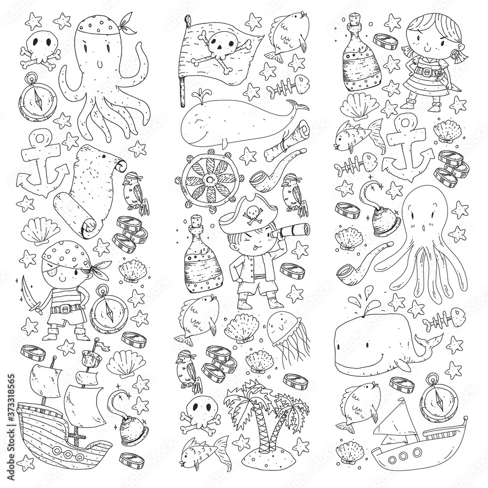 Vector pirate set in cartoon style. Sweet card with pirates, ship, whale, crab, octopus, mermaid, rum, anchor, treasure, fish, island and parrot. Vector pirate set in cartoon style. Sweet card with pirates, ship, whale, crab, octopus, mermaid, rum, anchor, treasure, fish, island and parrot.
