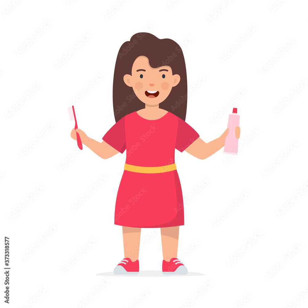 Happy girl kid holding toothbrushe and toothpaste tube. Children dentistry and teeth hygiene. Kids using toothbrush motivational clipart. Flat vector illustration. Happy girl kid holding toothbrushe and toothpaste tube. Children dentistry and teeth hygiene. Kids using toothbrush motivational clipart. Flat vector illustration.