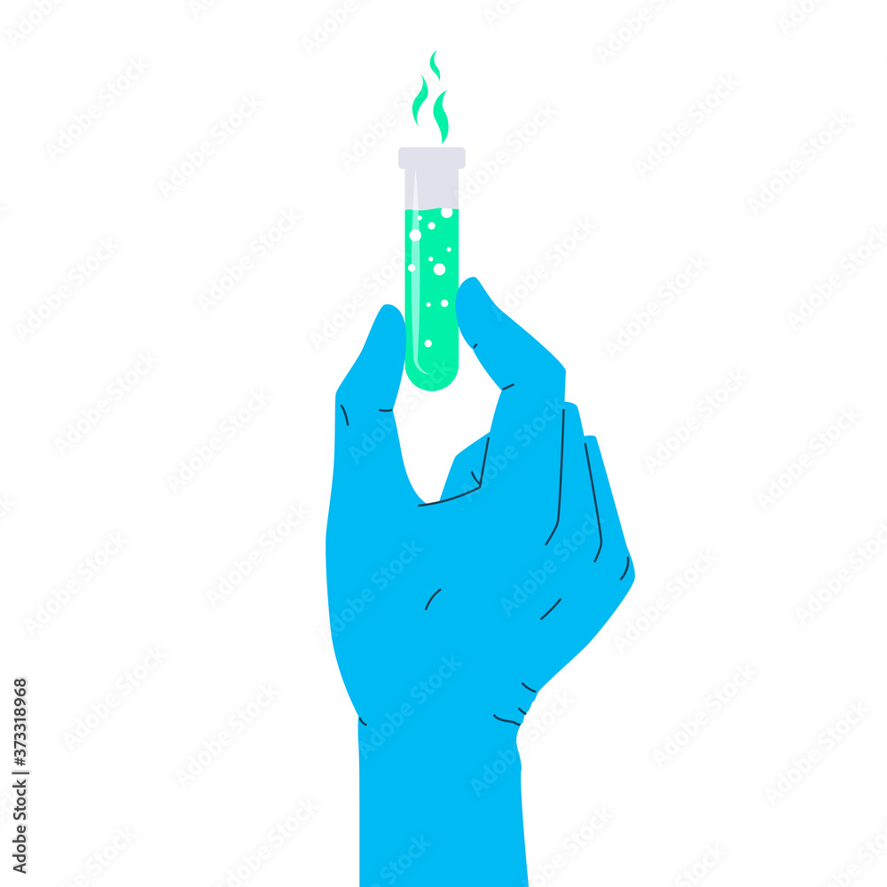 Test tube in the hand. Vector illustration of gloved hand holding a test tube. Icon of a bright green fluid in a vial. Concept of vaccine, chemical expirements, medical research, science achievement Test tube in the hand. Vector illustration of gloved hand holding a test tube. Icon of a bright green fluid in a vial. Concept of vaccine, chemical expirements, medical research, science achievement