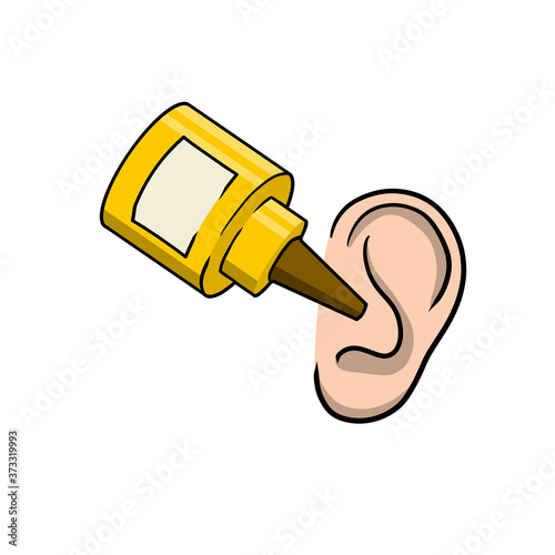 Ear drops. Medicine for hearing. Element of hospital and doctor. Scheme of application of drug. Bottle of liquid. Cartoon Human organ.