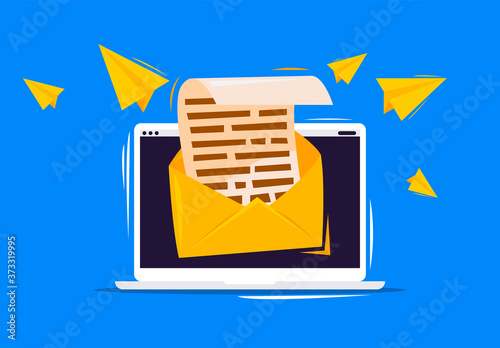 Vector illustration of a laptop with an open letter with a document inside, sending an email from a laptop, flying paper planes