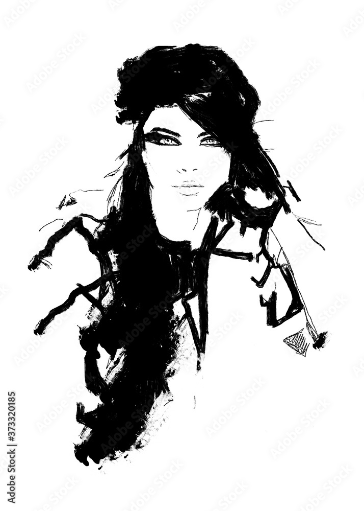 girl in a black dress. Fashion illustration black and white.