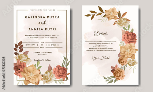 Beautiful autumn floral frame wedding invitation card template Premium Vector