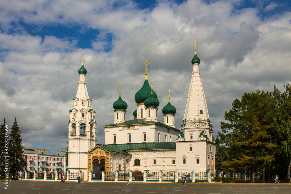 white stone Church of Elijah the Prophet close-up in the historical center of the city on a Sunny summer day Yaroslavl Russia