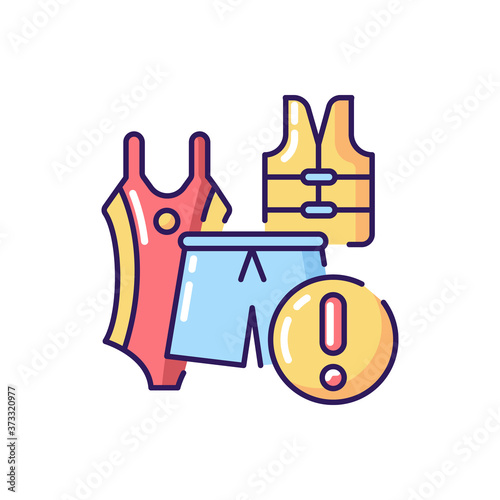 Swim suits RGB color icon. Clothing for water park recreation. Male and female swimwear. Female swimsuit, life vest and swim shorts isolated vector illustration
