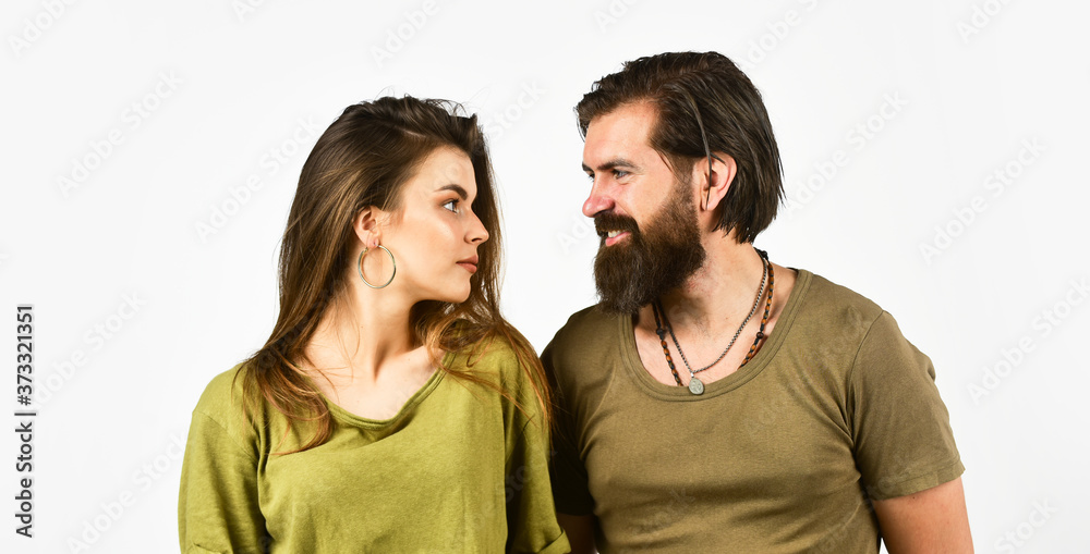 Modern couple. How male cosmetics are different from female. Couple in love. Sexy couple. Bearded man and woman. Fashion and beauty. Valentines day. Man with girlfriend. Relationship and dating Modern couple. How male cosmetics are different from female. Couple in love. Sexy couple. Bearded man and woman. Fashion and beauty. Valentines day. Man with girlfriend. Relationship and dating