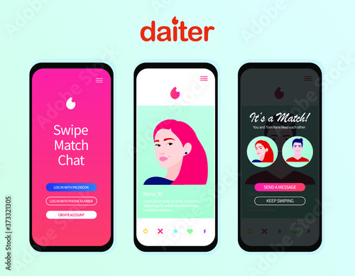 Dating app design inspired by Tinder style. People match social media Mockup. Teender application. Online dating, virtual love. Vector illustration photo