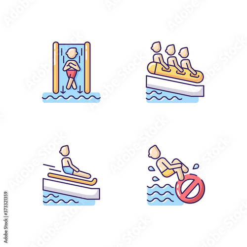 Waterslide types RGB color icons set. Speed slide, family rafting, swimming mat and no bomb jumping. Waterpark activities and rules. Isolated vector illustrations