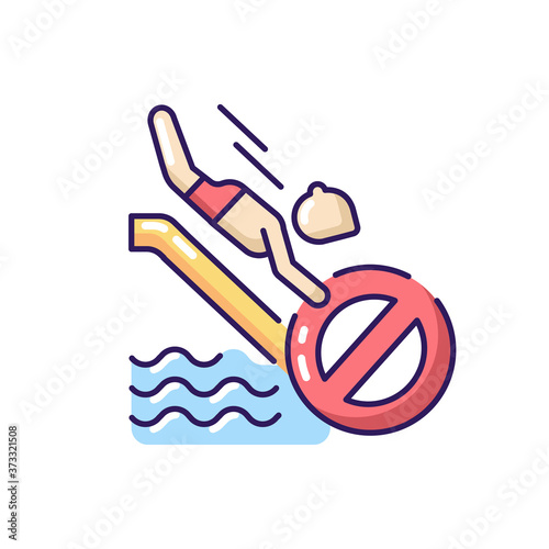No head down sliding RGB color icon. Water park security policy, safety rule for waterslide attractions. Aqua park entertainment. Isolated vector illustration