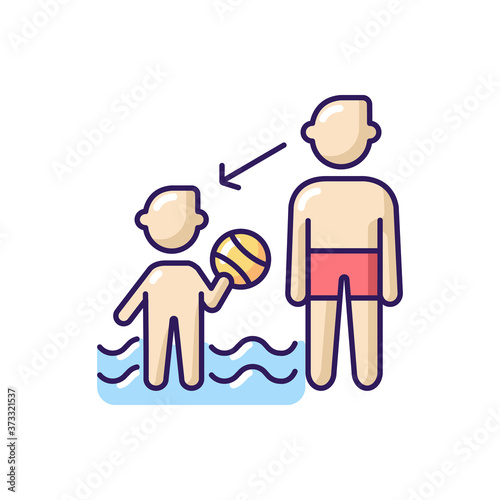 Watch your children RGB color icon. Water park safety rule, public places behaviour. Family recreation. Father and son at aquapark isolated vector illustration