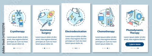 Skin cancer treatment onboarding mobile app page screen with concepts. Chemotherapy. Electrodessication. Walkthrough 5 steps graphic instructions. UI vector template with RGB color illustrations