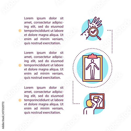 Self examination concept icon with text. Healthcare. Skin checking. Cancer screening. PPT page vector template. Brochure, magazine, booklet design element with linear illustrations