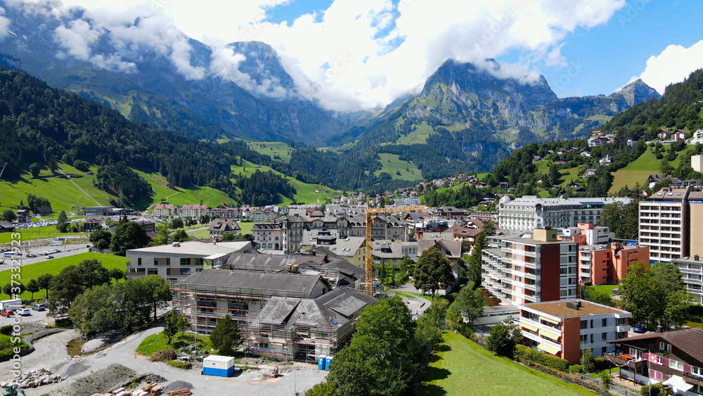 City of Engelberg in Switzerland - The Swiss Alps - aerial view - travel photography
