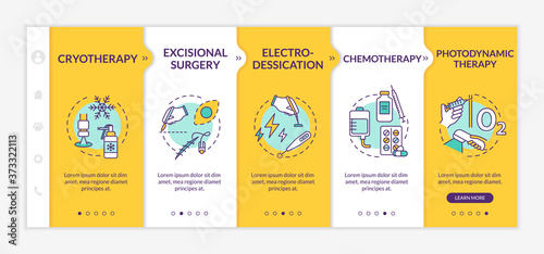 Skin cancer treatment onboarding vector template. Cryotherapy. Chemotherapy. Electrodessication. Responsive mobile website with icons. Webpage walkthrough step screens. RGB color concept