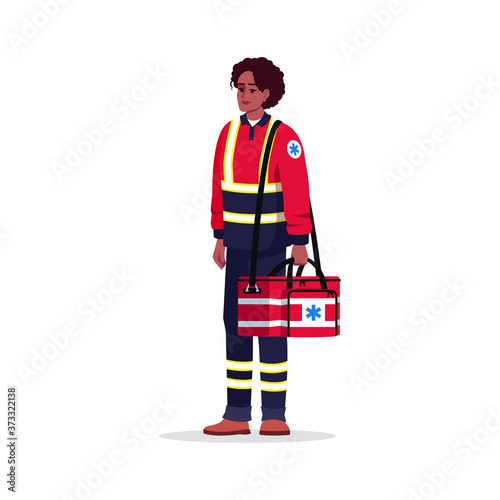 Paramedic semi flat RGB color vector illustration. Emergency technician. Health professional. Afro american woman working as EMT with medical bag isolated cartoon character on white background