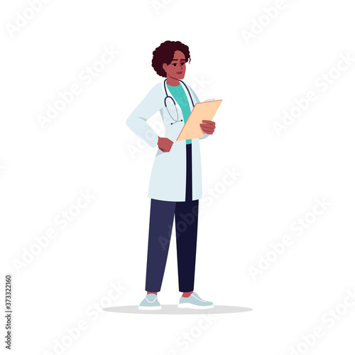 General practitioner semi flat RGB color vector illustration. Medical staff. Young african american woman working as primary care physician isolated cartoon character on white background