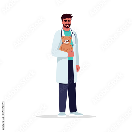 Pediatrician semi flat RGB color vector illustration. Male doctor. Paediatrician. Medical personnel. Young latino man working as baby doctor isolated cartoon character on white background