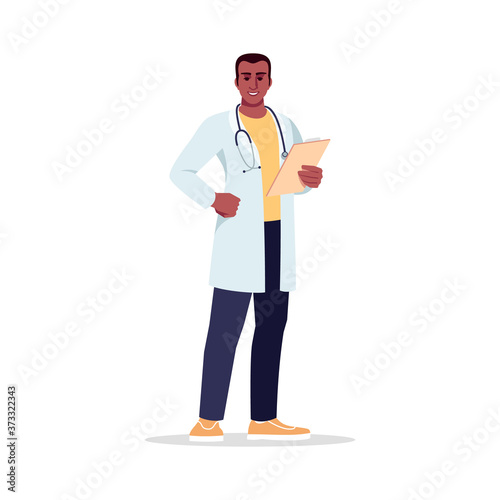 General practitioner semi flat RGB color vector illustration. Medic. Hospital personnel. Young afro american man working as primary care physician isolated cartoon character on white background