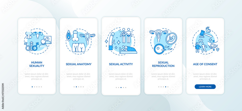 Human sexuality blue onboarding mobile app page screen with concepts. Healthy reproduction walkthrough 5 steps graphic instructions. UI vector template with RGB color illustrations