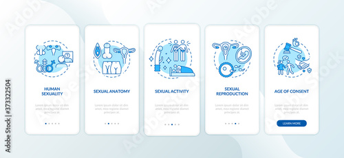 Human sexuality blue onboarding mobile app page screen with concepts. Healthy reproduction walkthrough 5 steps graphic instructions. UI vector template with RGB color illustrations