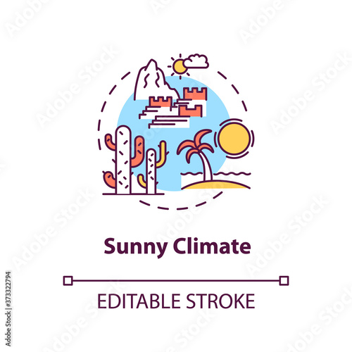 Sunny climate concept icon. Sunny temperature. Ultraviolet. Tropical climate. Warm environment idea thin line illustration. Vector isolated outline RGB color drawing. Editable stroke