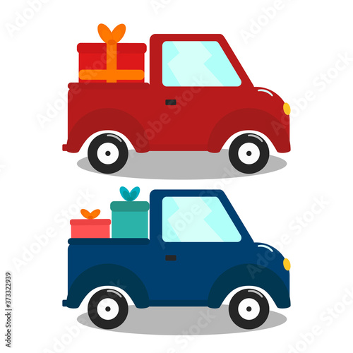 Christmas car whith gift box isolated vector illustration. New year celebration. Holiday background. Magic concept.