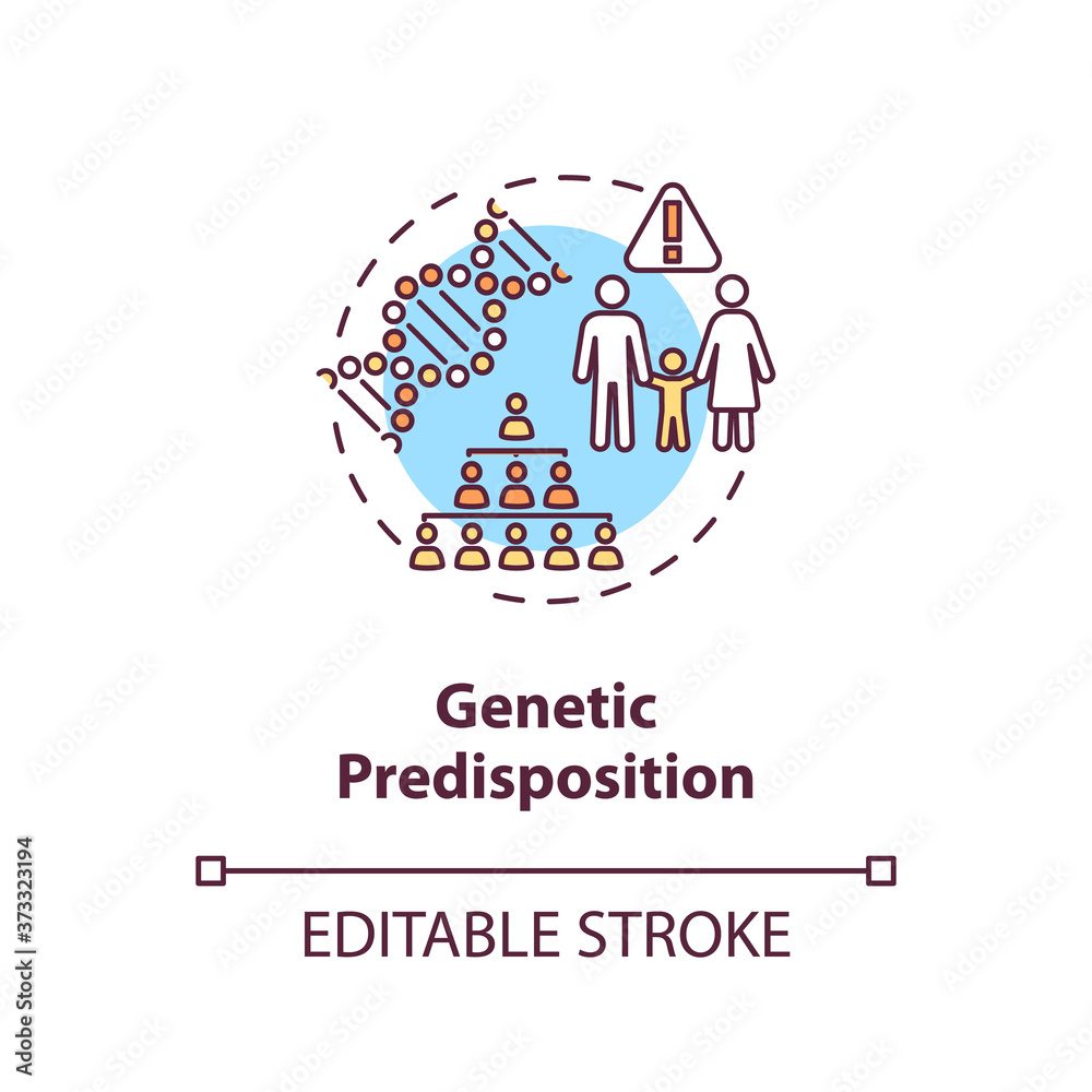 Genetic predisposition concept icon. DNA mutation. Human disease factors. Genetic susceptibility idea thin line illustration. Vector isolated outline RGB color drawing. Editable stroke