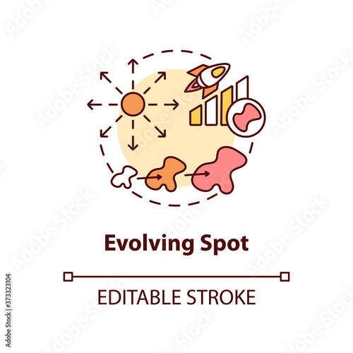Evolving spot concept icon. Melanoma warning symptomes. Changing color, size and shape mole idea thin line illustration. Vector isolated outline RGB color drawing. Editable stroke