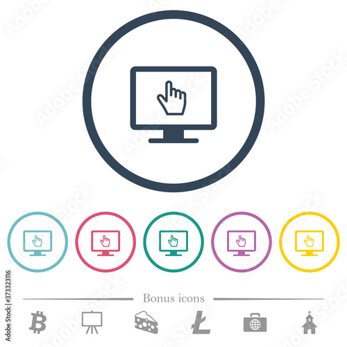 Monitor with pointing cursor flat color icons in round outlines