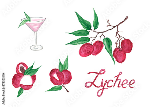 Lychee set isolated on white background. Lychee fresh fruits on a branch  halves and pieces. Glass with a drink. Inscription. Watercolor illustration.