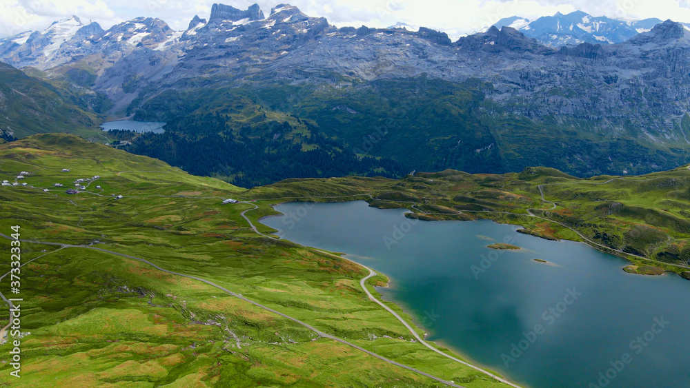Wonderful Mountain Lake in the Swiss Alps - aerial view - travel photography