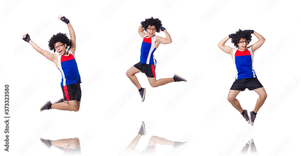 Funny man exercising isolated on white Funny man exercising isolated on white