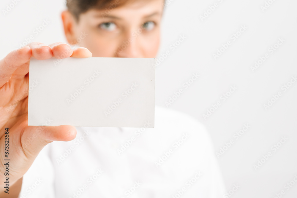  close-up portrait of a young businesswoman with Blank Business Card