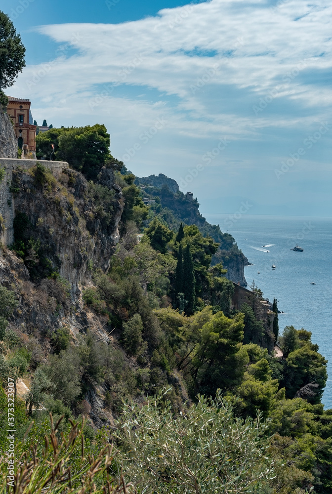 Evocative view of the Amalfi coast. Landscape. views of the rocky hills overlooking the sea and wild vegetation.