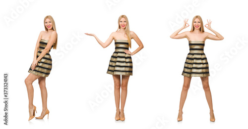 Beautiful girl in gold and black dress isolated on white