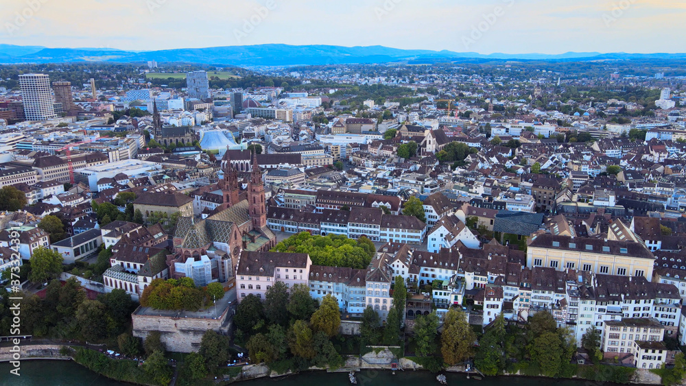 Historic district of Basel in Switzerland and River Rhine - aerial view - travel photography Historic district of Basel in Switzerland and River Rhine - aerial view - travel photography