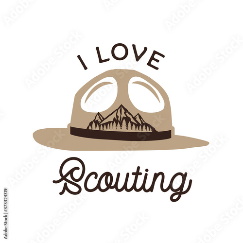 Camping adventure logo emblem illustration design. Vintage Outdoor label with scout hat, mountains and text - I love Scouting. Unusual linear hipster lifestyle sticker. Stock vector.