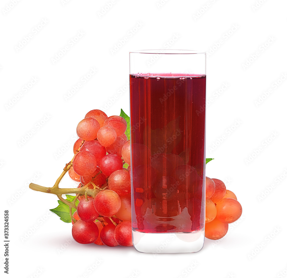a glass of grape juice and a bunch of grapes on a white background