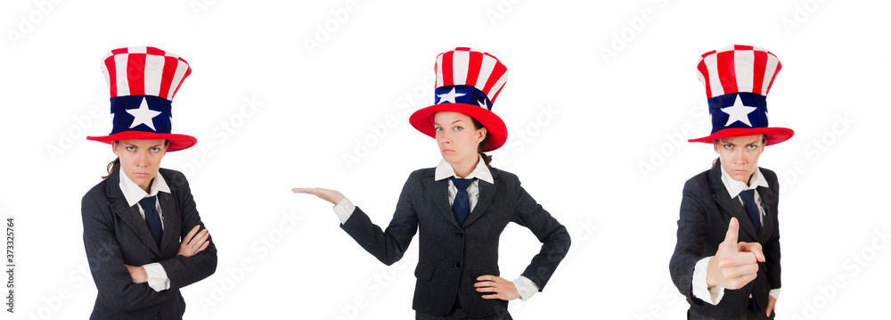 Young woman with american symbols on white Young woman with american symbols on white