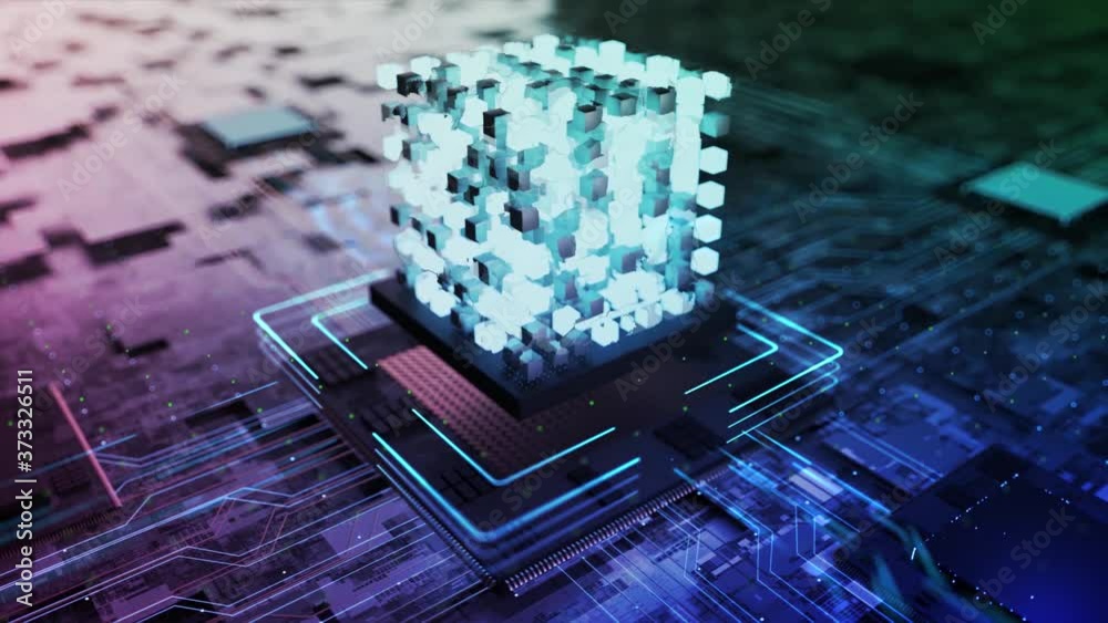 3D Render animation of AI Artificial intelligence in CPU chipset ...