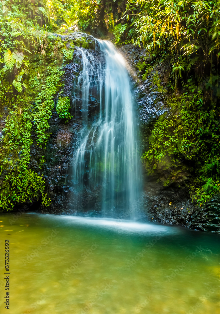 A long exposure view the Gendarme waterfall cascading into the plunge pool in the rain forest of Martinique