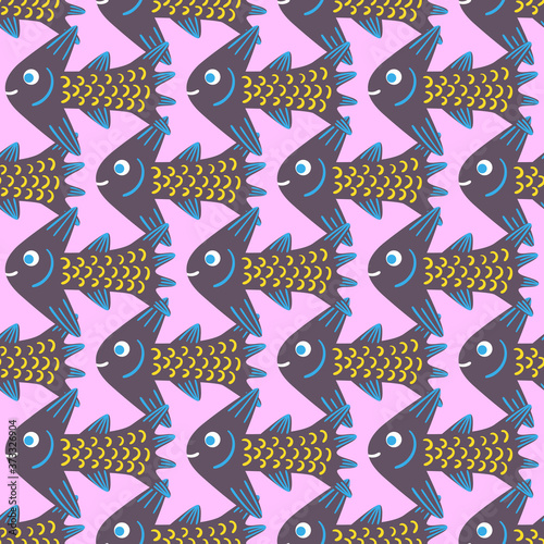 vector dark fish and yellow fish scale seamless pattern on pink