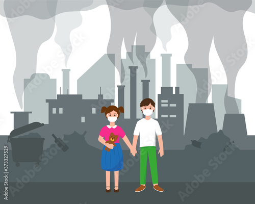 Two children and silhouette of polluted city