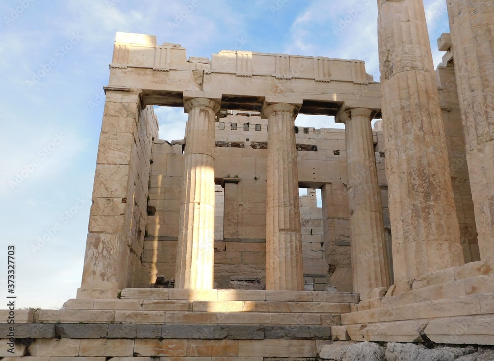 The monumental gateway to the ancient Acropolis of Athens, or Propylaea, in Greece