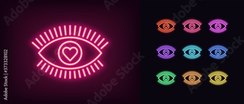 Neon love eye icon. Glowing neon eye sign with heart iris, healthy vision