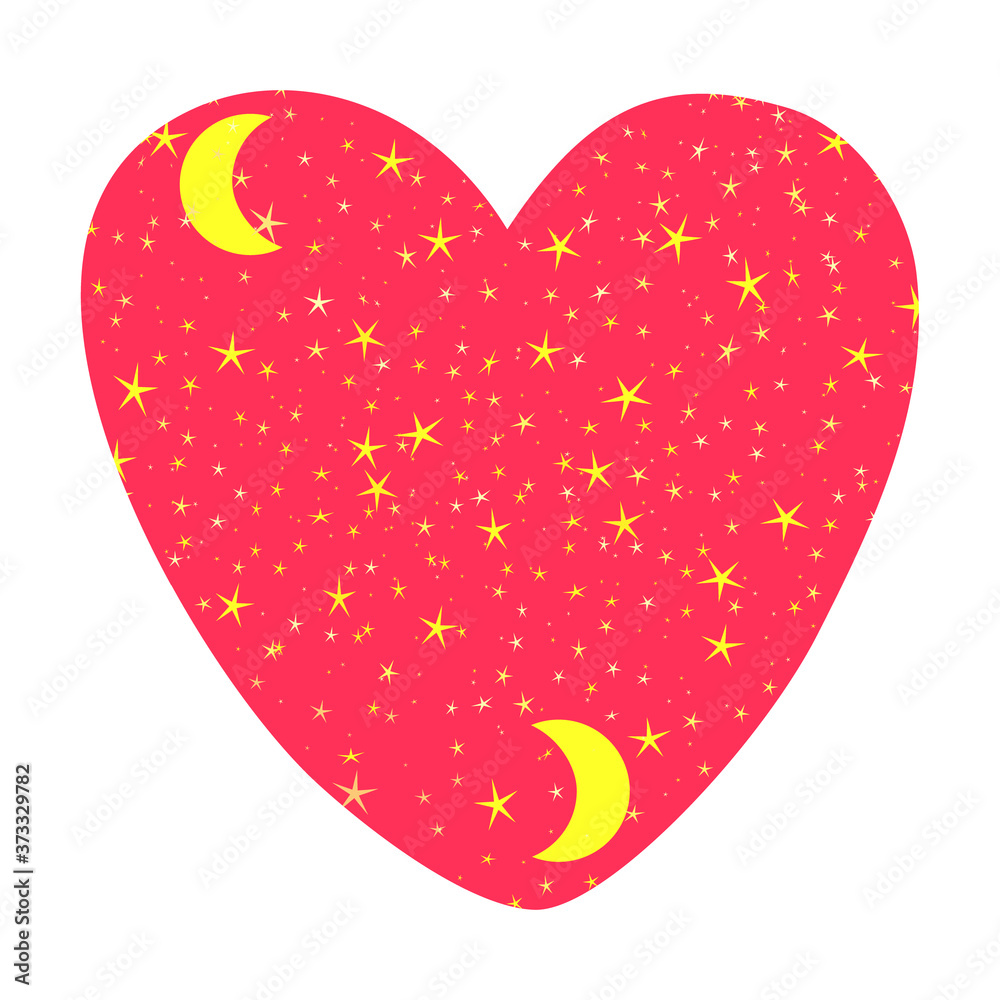 Pink heart with a pattern of stars and moons inside. Design of T-shirts, cups, paper and cards Pink heart with a pattern of stars and moons inside. Design of T-shirts, cups, paper and cards