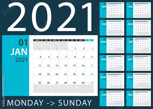 2021 Calendar Planner - vector illustration. Template. Mock up.