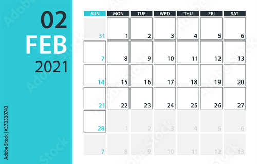 February 2021 Calendar Planner - vector illustration. Template. Mock up.