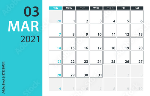 March 2021 Calendar Planner - vector illustration. Template. Mock up.